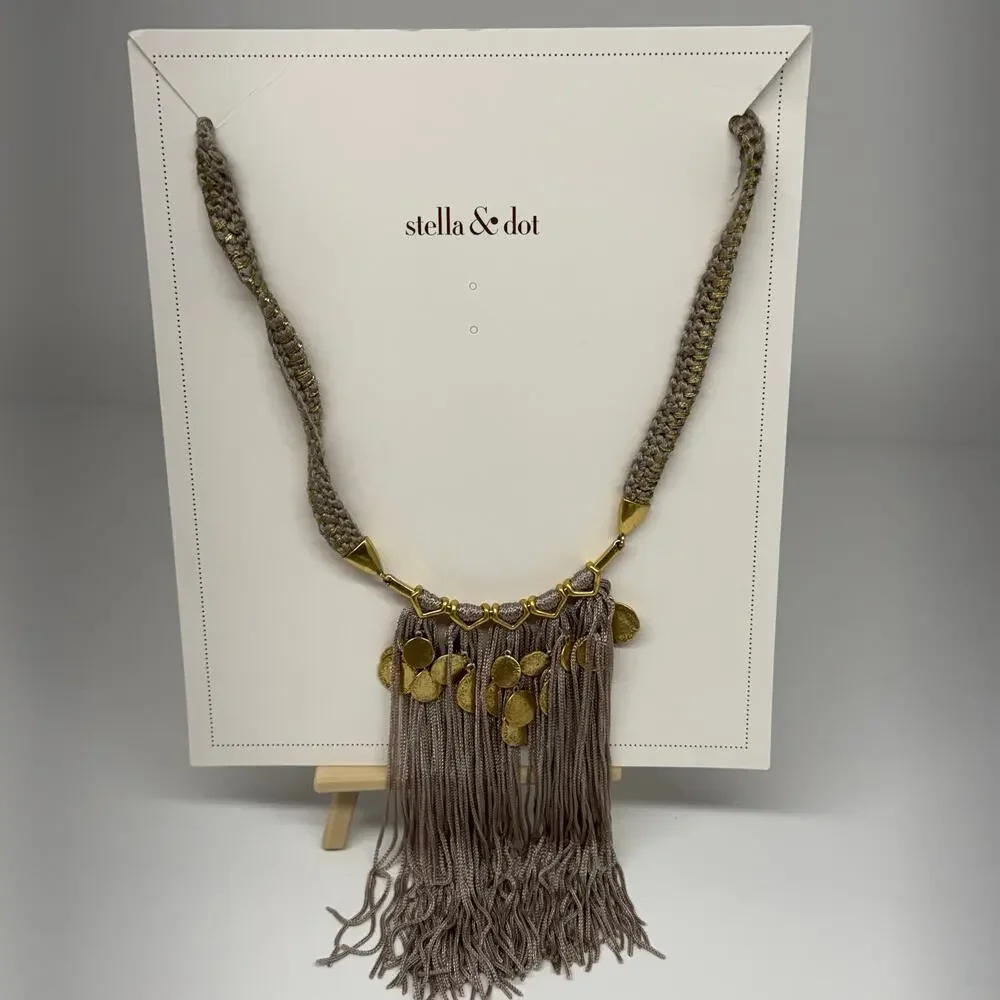 Stella & Dot Samar Fringe Necklace Taupe Gold Coin Tassel Boho w/ Box N858G
